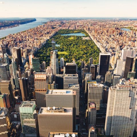 Aerial view of Central Park NYC at sunset