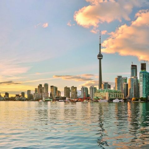 Panoramic view of the Toronto skyline at sunset in Ontario, Canada.